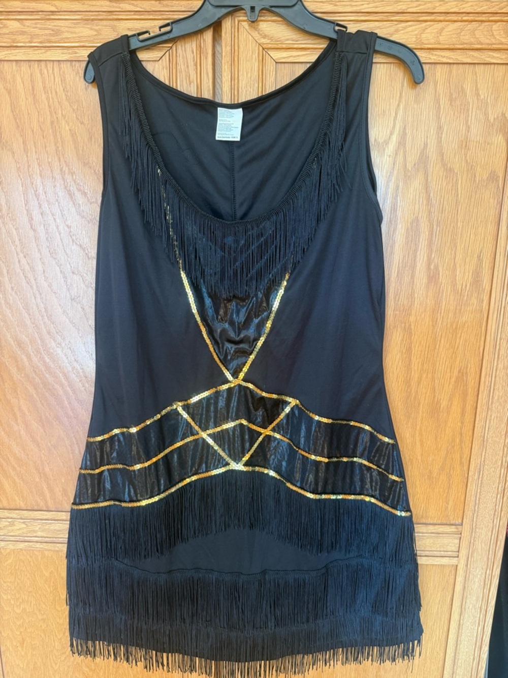 Black Gold Flapper Dress Sz XL Gatsby Flapper 1920s Cocktail Sequins Fringe